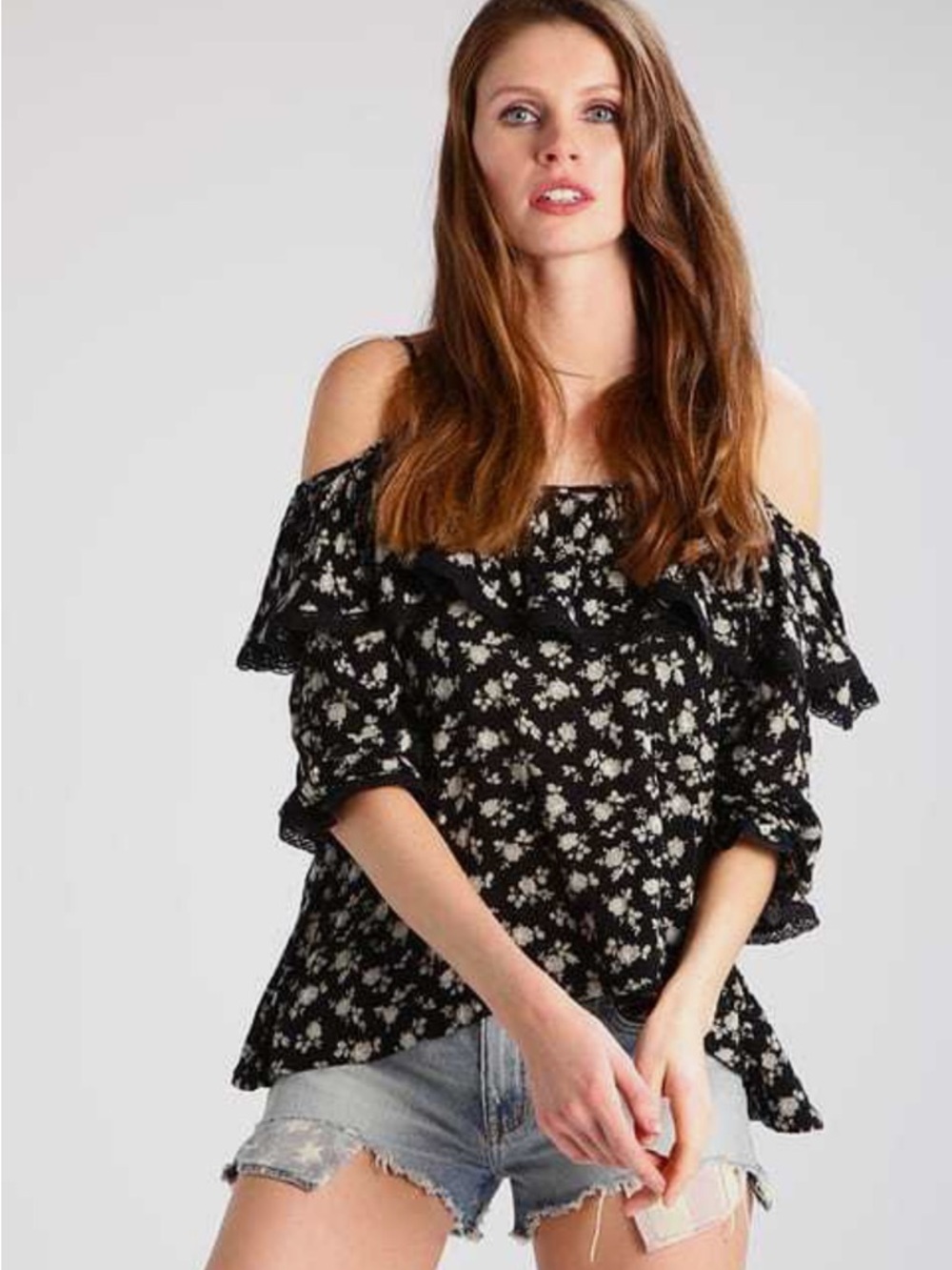 Denim & Supply Ralph Lauren Black Floral Ruffled Cold-Shoulder Top